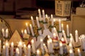 Menorah seven candles for sale on the market stall, close up