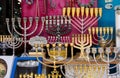 Menorah, a seven-lamp candelabrum used in contemporary Jewish temples, for sale at old market. Jerusalem