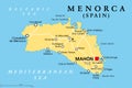 Menorca, or Minorca, political map, with the capital Mahon