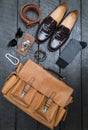 Mens accessories, Leather fashion set on wood floor