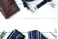 Mens accessories - wallet, belt, cufflinks, watch, tie clip, handkerchief