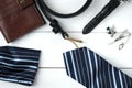 Mens accessories - wallet, belt, cufflinks, watch, tie clip, handkerchief Royalty Free Stock Photo