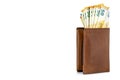 Mens brown leather wallet with a stack of Euro notes sticking out of the inside, standing isolated on a white background on the ri