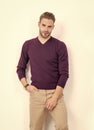 Mens clothing essentials for every wardrobe. Sexy man wear pullover with pants. Wardrobe staple