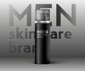 Mens cosmetic themed 3d illustration of realistic cosmetic aerosol bottle. Men skincare illustration