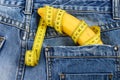 Mens denim pants with banana imitating male genitals Royalty Free Stock Photo