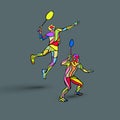 Mens doubles badminton players. Color vector illustration