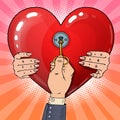 Mens Hand with Key from Womans Heart. Pop Art retro illustration