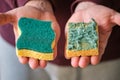 Mens hands holding new and old double-side cleaning scouring sponge.