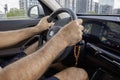 Mens hands on the streering wheel of the car Royalty Free Stock Photo