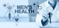 Mens Health banner, medical and health care concept on screen. Doctor with stethoscope. Royalty Free Stock Photo