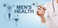 Mens Health banner, medical and health care concept on screen. Doctor with stethoscope. Royalty Free Stock Photo