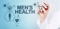 Mens Health banner, medical and health care concept on screen. Doctor with stethoscope. Royalty Free Stock Photo