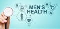 Mens Health banner, medical and health care concept on screen. Doctor with stethoscope. Royalty Free Stock Photo