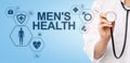 Mens Health banner, medical and health care concept on screen. Doctor with stethoscope. Royalty Free Stock Photo