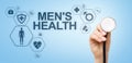 Mens Health banner, medical and health care concept on screen. Doctor with stethoscope.