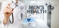 Mens Health banner, medical and health care concept on screen. Doctor with stethoscope. Royalty Free Stock Photo