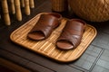 mens leather slippers on a bamboo bathroom mat Royalty Free Stock Photo