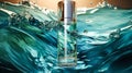 Mens perfume bottle displayed against a blue water background Royalty Free Stock Photo