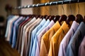 Mens shirts on hangers in a dressing room, clean and ironed