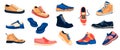 Mens shoes collection. Fashionable male sneakers athletic footgear casual and formal boots cartoon flat style, trendy