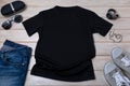 Mens T-shirt mockup with black watch and sunglasses Royalty Free Stock Photo