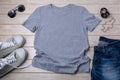 Mens T-shirt mockup with black watch and sunglasses