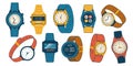 Mens and womens wristwatch. Doodle analog and digital watches. Isolated smartwatches with colorful straps. Fashion time