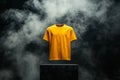 Mens Yellow T-Shirt Mockup on Dark Background with Smoke, Blank tshirt Template, Casual Clothing