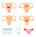 Feminine period characters. Cartoon style - calendar of red days, pad, panties, womb or uterus. Different mood. Menstruation.