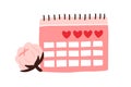 Menstrual calendar for menstruation control and pregnancy planning. Period schedule with marked days for woman and girl