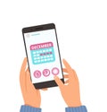 Menstrual calendar. Online female cycle app. Hands hold smartphone with month planner vector illustration