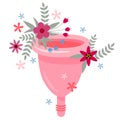 Menstrual cup eco-friendly reusable and flowers. Menstrual cup with flowers and leaves. Eco protection for woman in critical days