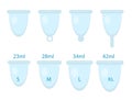 Menstrual cup set. Female intimate hygiene, menstruation cup. Vector illustration