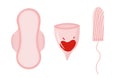 Menstrual icons set, pad, menstrual cup and tampon. Hygienic tools for menstruation hygiene. Royalty Free Stock Photo
