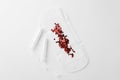 Menstrual pad with red sequins and tampons on white background, top view Royalty Free Stock Photo