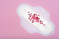 Menstrual pads, blood period. Feminine hygiene products. Menstruation period pain protection, gynecology concept