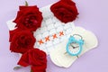 Menstrual pads on menstruation period calendar with blue alarm clock and red rose flowers Royalty Free Stock Photo