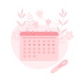 Menstrual Period calendar with floral background and test. Planning pregnancy. Menstruation woman cycle control