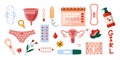 Menstrual period sanitary goods. Feminine hygiene cycle products cartoon flat style, period care concept with pads and
