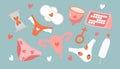 Menstrual period vector illustrations. Set of hand drawn images: menstrual cups, tampon, pads, panties, hearts
