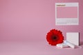 Menstrual sanitary tampons, box and red flower