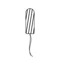 Menstrual tampon with thread. Black illustration for periods, female hygiene, medicine. Linear icon of striped tampoon with rope.