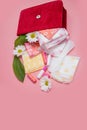 Menstrual tampons and pads in cosmetic bag. Menstruation cycle. Hygiene and protection Royalty Free Stock Photo