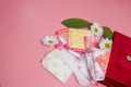 Menstrual tampons and pads in cosmetic bag. Menstruation cycle. Hygiene and protection Royalty Free Stock Photo