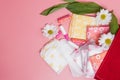 Menstrual tampons and pads in cosmetic bag. Menstruation cycle. Hygiene and protection Royalty Free Stock Photo