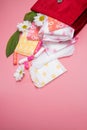 Menstrual tampons and pads in cosmetic bag. Menstruation cycle. Hygiene and protection Royalty Free Stock Photo