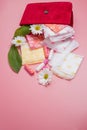 Menstrual tampons and pads in cosmetic bag. Menstruation cycle. Hygiene and protection Royalty Free Stock Photo