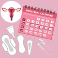 Menstruation calendar with cotton tampons, menstrual cup. Woman hygiene protection. Woman critical days. Set of women s