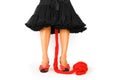 Menstruation concept. Girl with red wool ball wearing high heels.